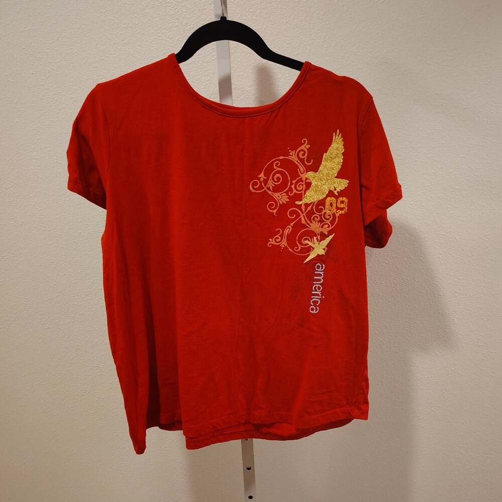 America Women's Short Sleeve T-Shirt Red  Cotton Eagle Scoop Neck Graphic